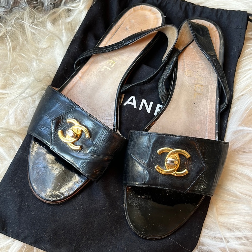 Vintage Authentic CHANEL Slingback Peep-toe Sandals Flats Shoes 39 1/2